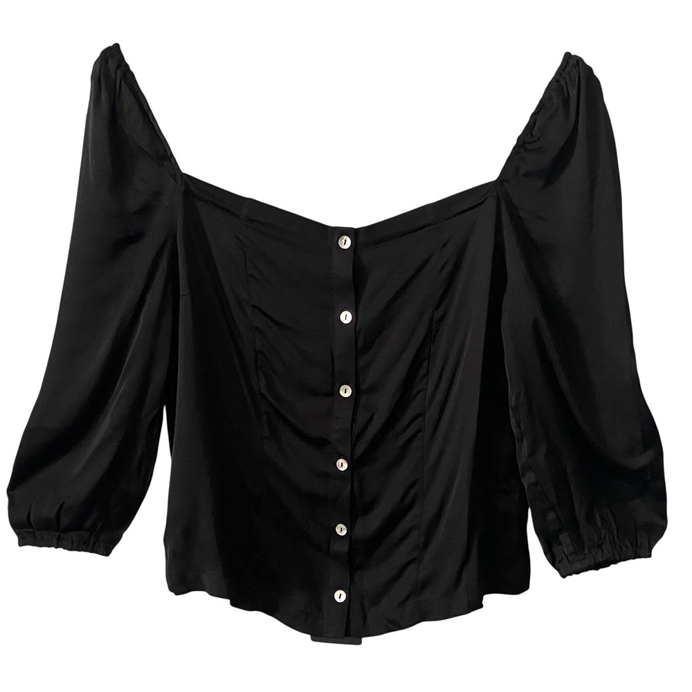 Chaser Anthropologie Sz Sm Black Button Front Puff Sleeve Smocked Back Blouse